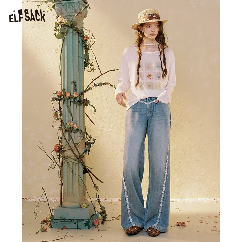 ELFSACK Women's Loose Wide Leg Jeans with Contrast Stitching, Vintage Blue Denim Pants, Casual Asymmetrical Daily Trousers