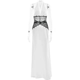 Sexy Deep V-neck Backless Lace Patchwork Satin Dresses for Women 2026 Summer Halter Sleeveless Long Maxi Party Evening Dress