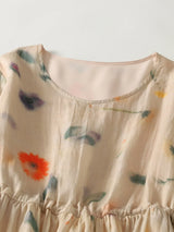 Women's Fresh Style Dress Flower Print Elastic Waist Half Sleeve V-neck Linen Dress Female Beach Holiday A-line Vintage Frocks