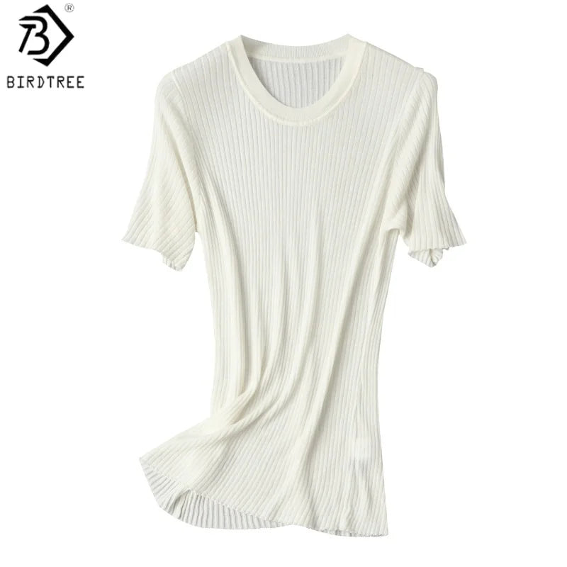 Birdtree, 70% Spun Silk 30% Cotton T Shirt, O-neck Solid Soft Tops, Women's Short Sleeve Bottoming Shirt, 2026 New T61035JF