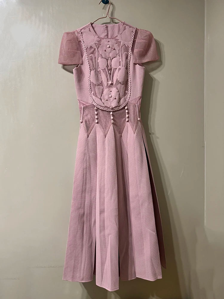 QMQA Fashion Women's Elegant Dress Spliced Lace Flower Embroidered Hollow Out Design Mini Dresses 2025 Spring New Clothing QM305