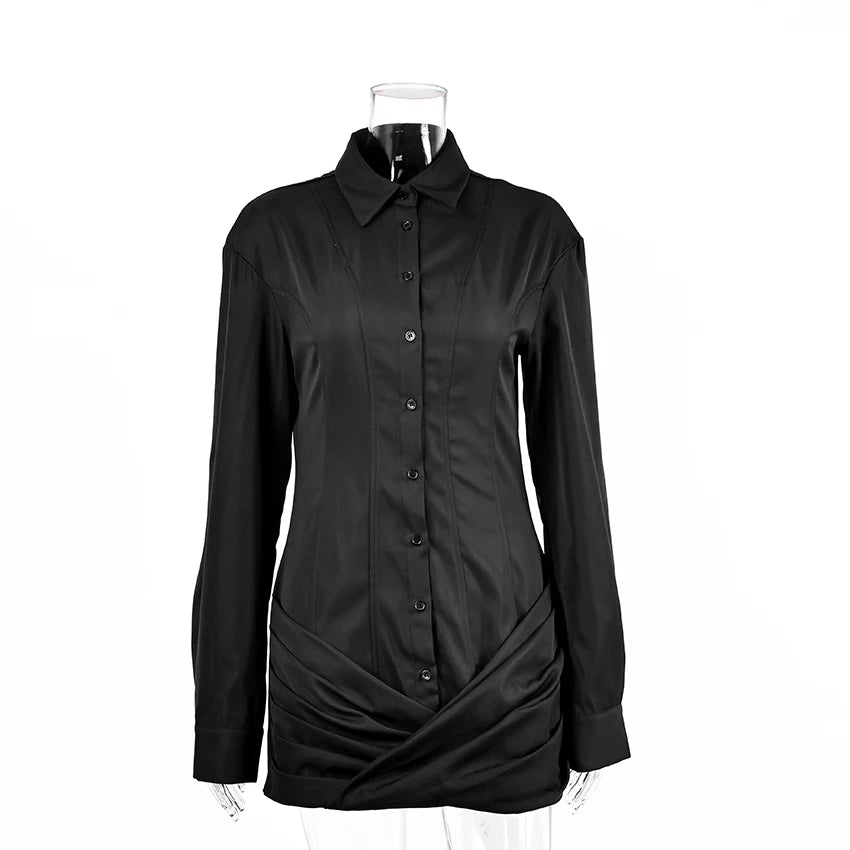 Linad Office Lapel Across White Mini Shirt Dress Elegant High Waist Pleated Short Dresses Black Casual Long Sleeve Dress 2025