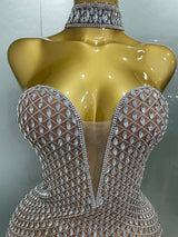 2025 Luxurious Full Rhinestones Mesh Transparent Long Dress Women Birthday Celebrate Evening Prom Dress Party Club Stage Costume