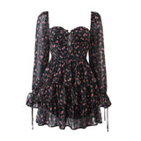 E 2022 Fashion Women Vintage Floral Print Chiffon Dress Sexy Semi-Sheer Long Sleeve Layered Ruffle Ladies Short Dress