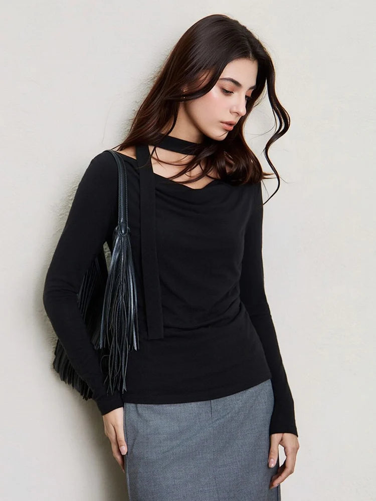 SuyaDream Women T Shirt, Wool Cotton Blend, Dropped Collar, Elegant Ribbon Tee, 2026 Fall Spring Solid Chic Top