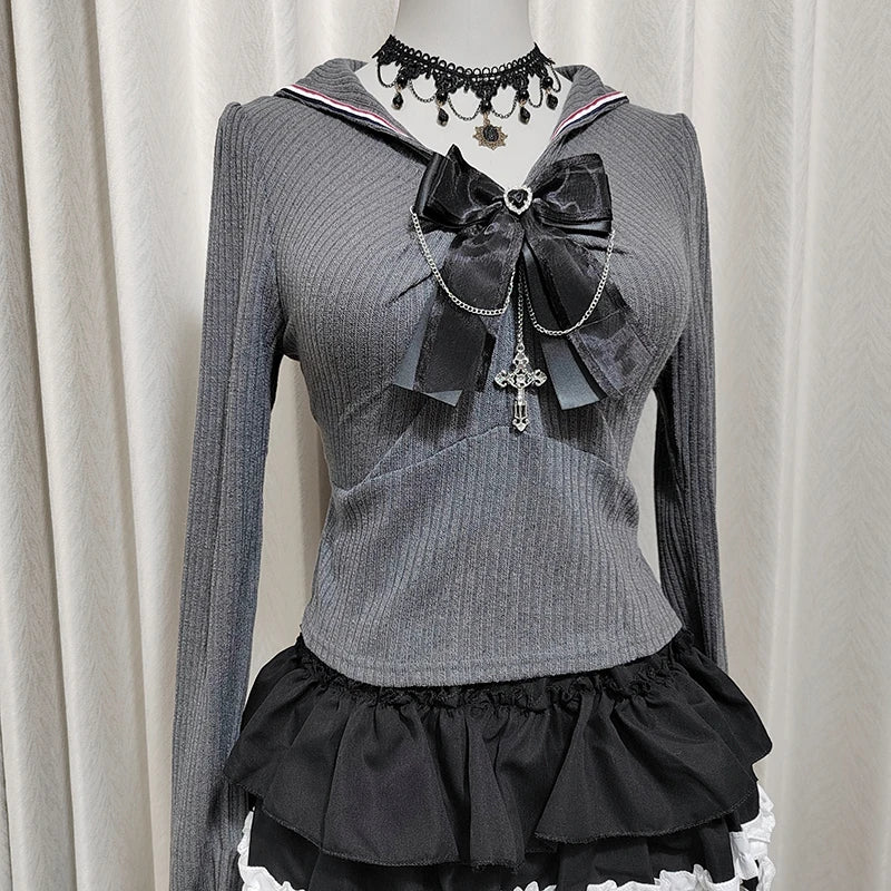 Kawaii Women T-Shirts Jirai Kei Lolita Y2K Cute Japanese Style Blouse Elegant Long Sleeve Sweet Tops Casual Aesthetic Shirt 2025