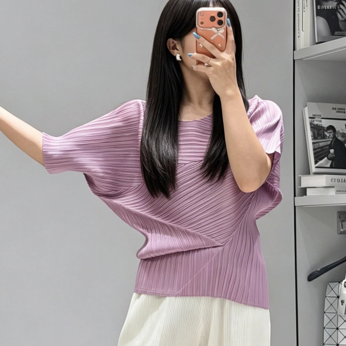 Pleated Top 2026 New Round Neck Short Sleeve Batwing T-Shirt Women Summer Lightweight Vacation Travel Women's Clothing