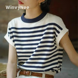 WinvyNee Summer Women's Clothing Wool Sleeveless Tops O Neck Half Sleeve T-Shirts Striped Casual Knitted Pullovers ZA1102002