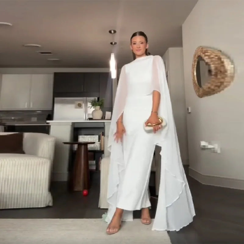 Stylish White Shawl Slim Fit Maxi Dress Women Elegant Cape Sleeve Round Neck Bodycon Vestido 2026 Lady Summer Chic Party Robes