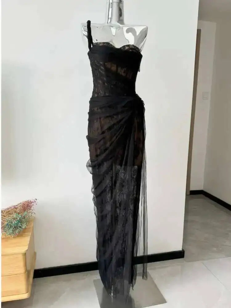 DEAT 2026 mesh dress for vacation,single straps high waist long vestido,pullover sheer fake two pieces party dresses