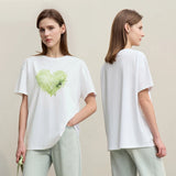 Amii Woman T-shirts 2026 Summer Anti-Bacterial Loose Fit Round Neck Tee Heart Print Cotton Casual Knit Short Sleeve Top 12622026