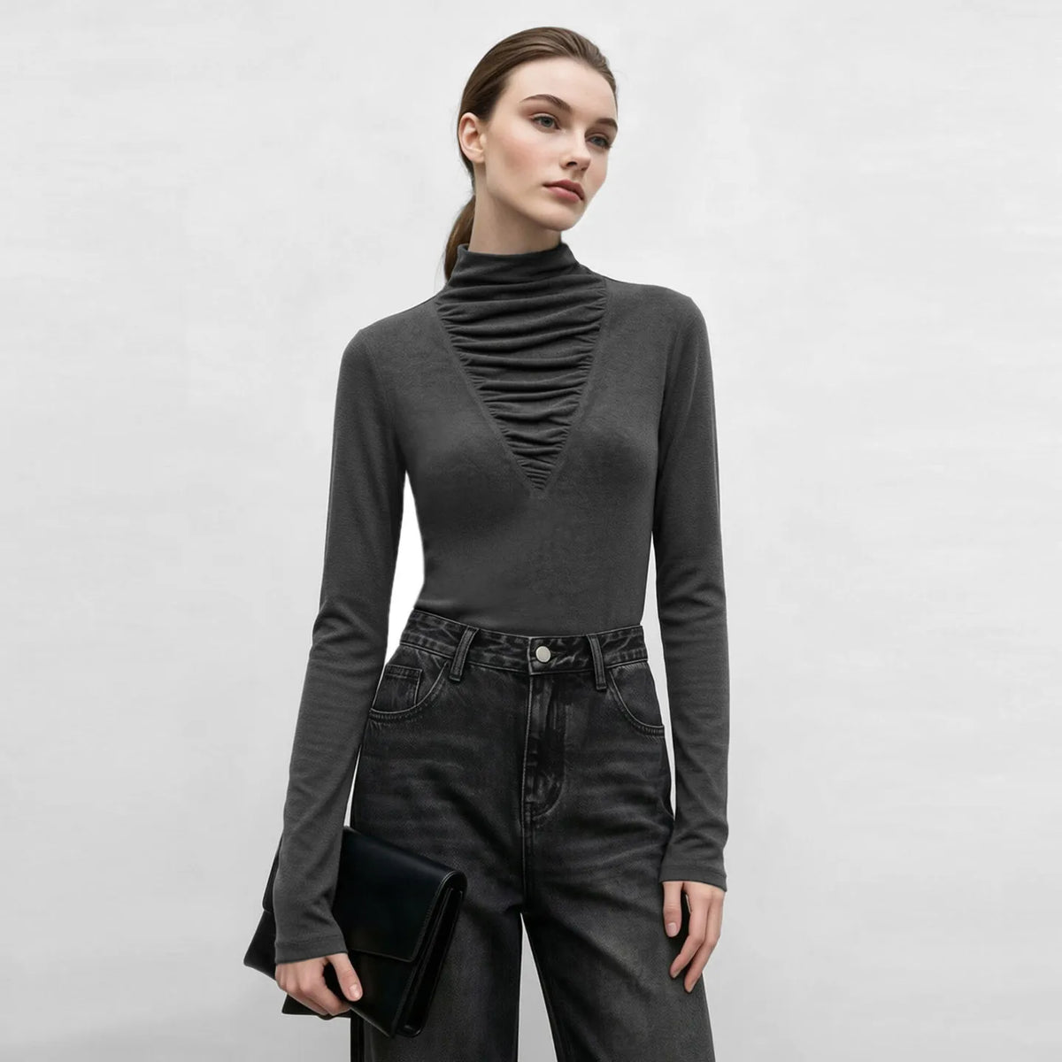 Amii Pile Collar Long Sleeve Tee Slim Fit Slimming Elegant Commuter Minimalist Versatile Winter 2026 Tops for Women 12644048