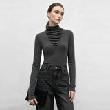 Amii Pile Collar Long Sleeve Tee Slim Fit Slimming Elegant Commuter Minimalist Versatile Winter 2026 Tops for Women 12644048