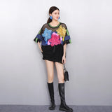 2025 Spring Summer New Fashion Women Mesh Flower Loose T-shirts Short Sleeve Top Female Wholesale J1187