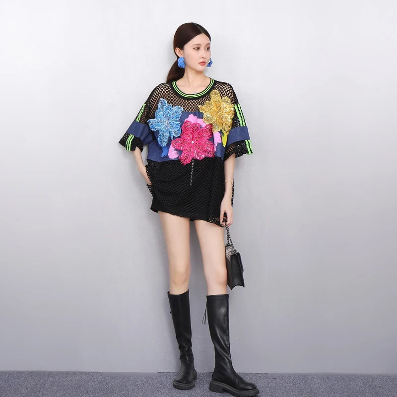 2025 Spring Summer New Fashion Women Mesh Flower Loose T-shirts Short Sleeve Top Female Wholesale J1187