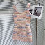 DEAT Fashion Diamond Flower Buckle Woven Tweed Dresses For Women Elegant Contrast Color Sleeveless Dress Female 11A04140
