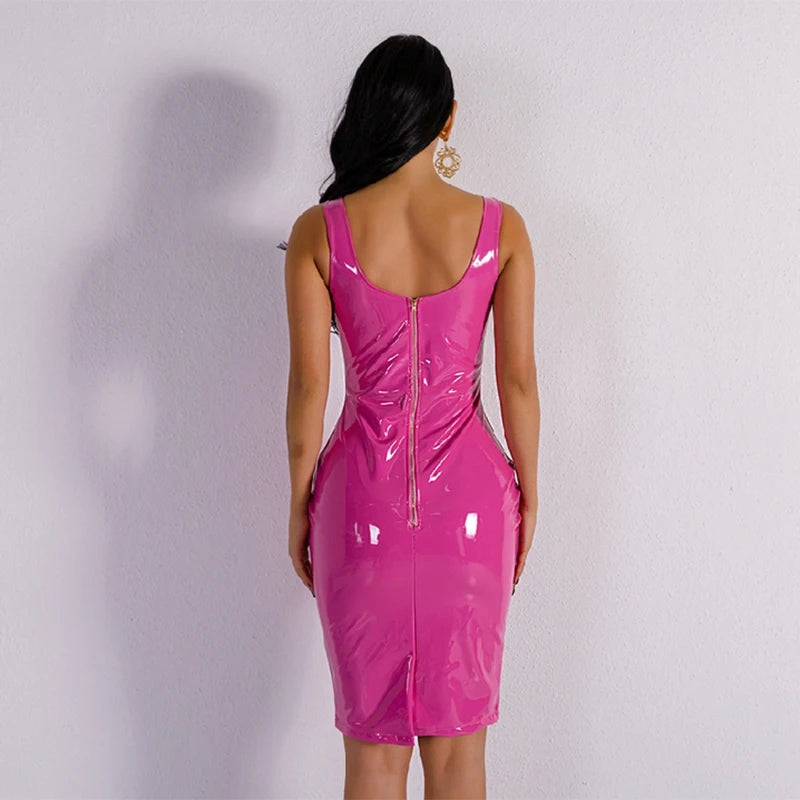 Women's PU Leather Dress, Hem Split, Lady Shiny Patent, Slim Party Dress, Faux Latex Sleeveless Tank, Stretch Bodycon, Sexy