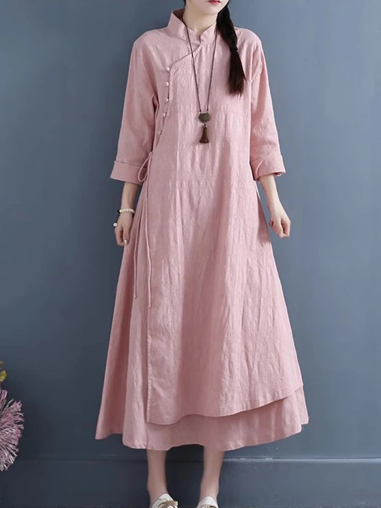 NYFS 2026 Spring Autumn New Womens Dresses Vestidos Robe Elbise Loose Plus Size Cotton Linen Double Layer Long Dress