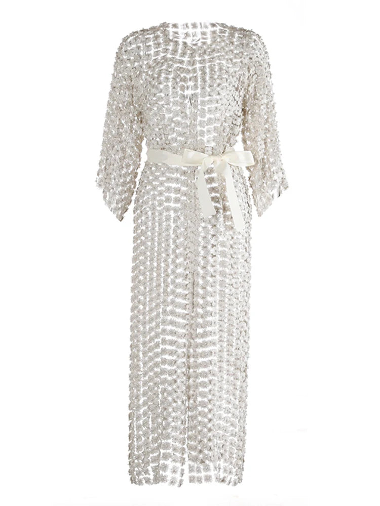 TWOTWINSTYLE Solid Patchwork Pearls Elegant Dresses For Women O Neck Long Sleeve Spliced Bowknot Midi Slimming Dress Female New