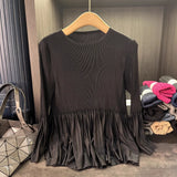 Pleated Long Sleeve T-Shirt Simple Casual Solid Color Versatile Patchwork Stretch Top Women Lightweight Stretch Clothing