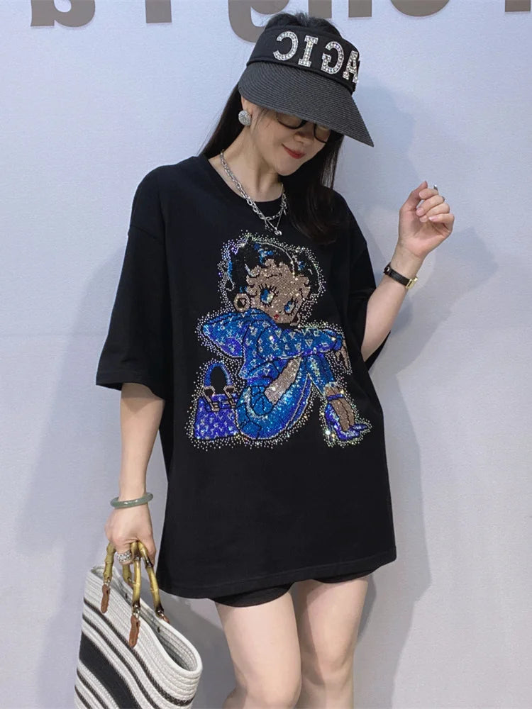 Casual Versatile Short Sleeve T-Shirt Women's Heavy Rhinestone Black Loose Fit Summer Top Breathable Cotton round Neck Sweats...