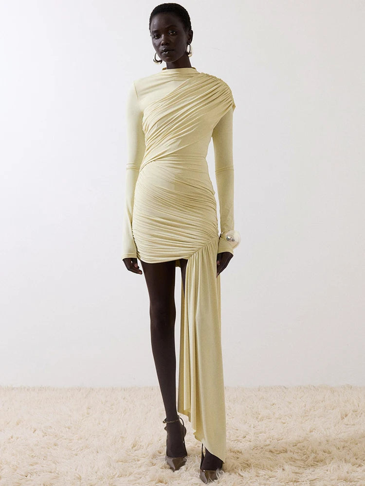 Mozision Irregular Draped Ruched Sexy Mini Dress Women Gown Elegant Turtleneck Long Sleeve High Waist Pleated Club Party Dress
