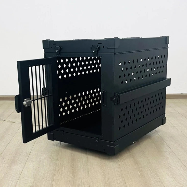 Large Luxury Aviation Aluminum Dog Transport Crate Foldable With Thickened Ventilation Firm Cage With Wheels