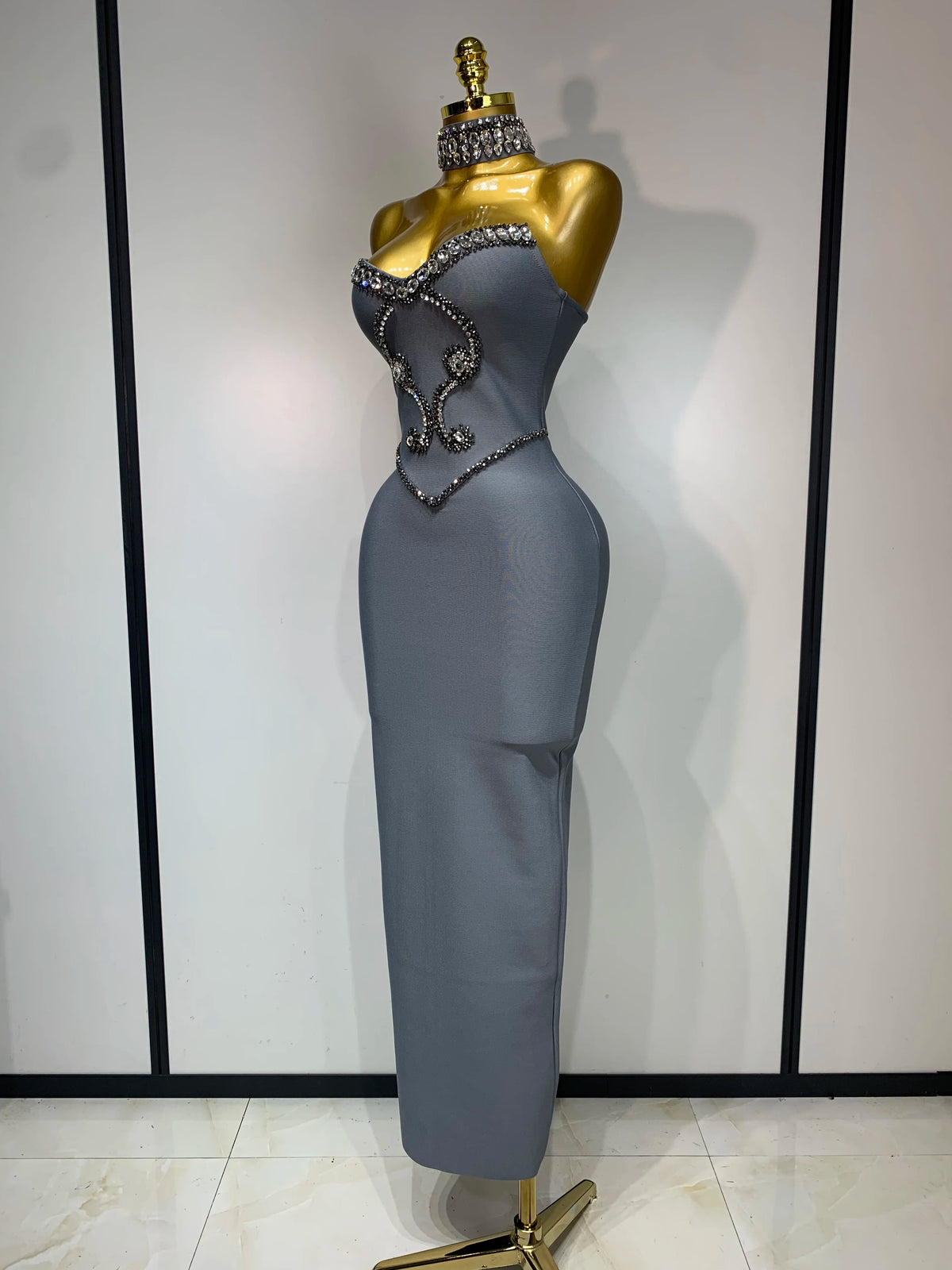 High Quality Strapless Beading With Necklace Bandage Dress Celebrity Elegant Evening Party Fancy Club Birthday Dresses