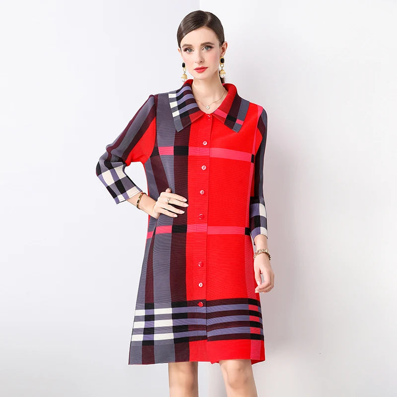 Autumn 2024 Arrival Miyake Fashionable Pleated Dress with Printed Stripes Chic Loose Collar Button Placket Color Locked Design