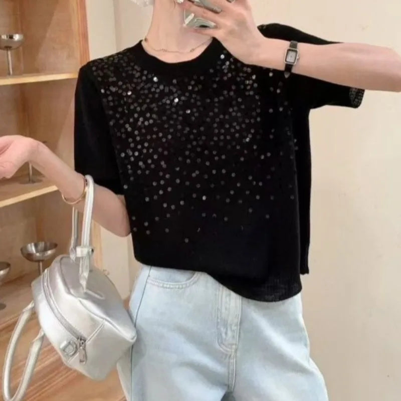 OCEANLOVE Knitted T-shirts Solid Sequins Thin Spring Summer Elegant T Shirt for Women Korean Fashion Loose Sweet Ropa De Mujer