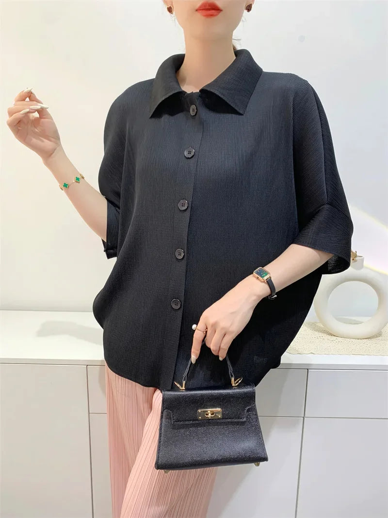 Miyake Pleated Lapel Button Up Short Sleeved Top for Women's Fashion,commuting Solid Color Shirt Spring 2024 Women's Clothing