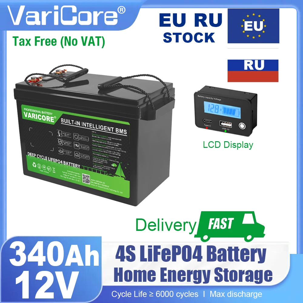 VariCore 12.8V/24v 360Ah 340Ah 180Ah 120AH 100Ah LiFePO4 Battery 25.6v 12V Lithium Iron Phosphate for RV Touring Car Solar Wind