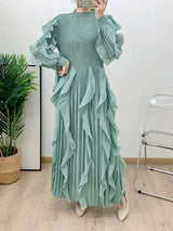 LANMREM Elegant Pleated Dress For Women Stand Collar Puff Sleeves High Stretch Personalized Dresses 2025 Spring New 2Z2817