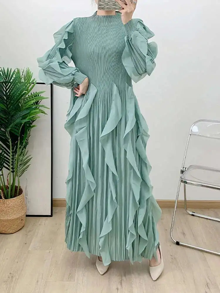 LANMREM Elegant Pleated Dress For Women Stand Collar Puff Sleeves High Stretch Personalized Dresses 2025 Spring New 2Z2817
