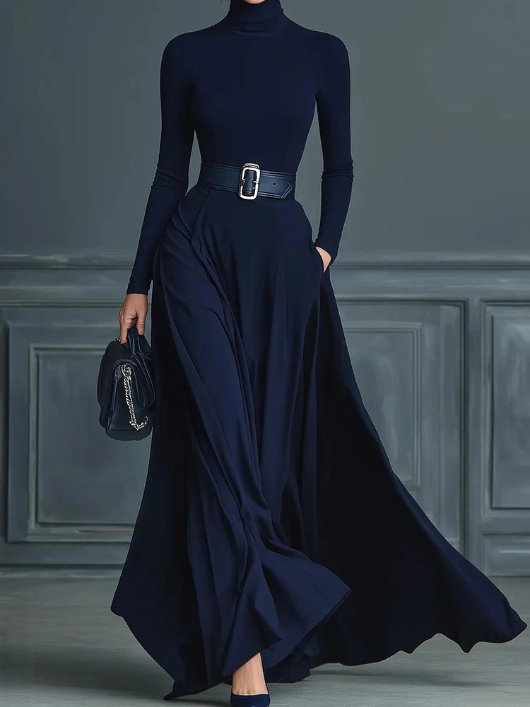 Long Sleeve Simple Holiday Party Dress Women Autumn Turtleneck Elegant Maxi Dress New Patchwork Slim Fit Ladies Dress Vestidos