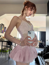 Women Pink Color Block Lace Spaghetti Strap Mini Dress Sweet Deep V Sleeveless Bubble Hem Dresses 2026 Daily Dating Casual Gown