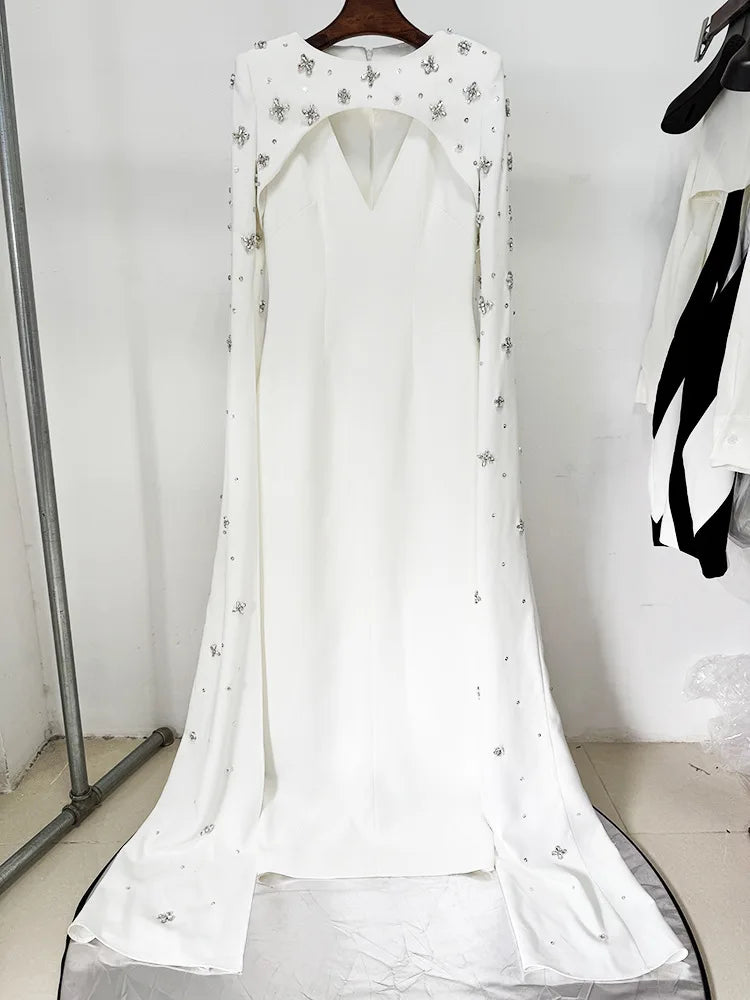HIGH STREET Newest 2026 Designer Vestido Women's Diamonds Beaded Cape Sleeve Floor Length Maxi Long Dress
