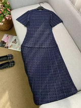 High Quality New Fashion Dark Blue Temperament Knit Long Dress Women Elegant O-neck Hollow-out Short Sleeve Slim Robe Ladies