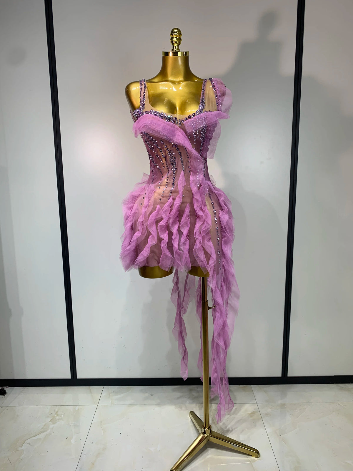 Women Sexy Mesh Ruffle See Through Mini Dress Sparkly Rhinestone Evening Party Prom Gown Nightclub Singer Stage Costume