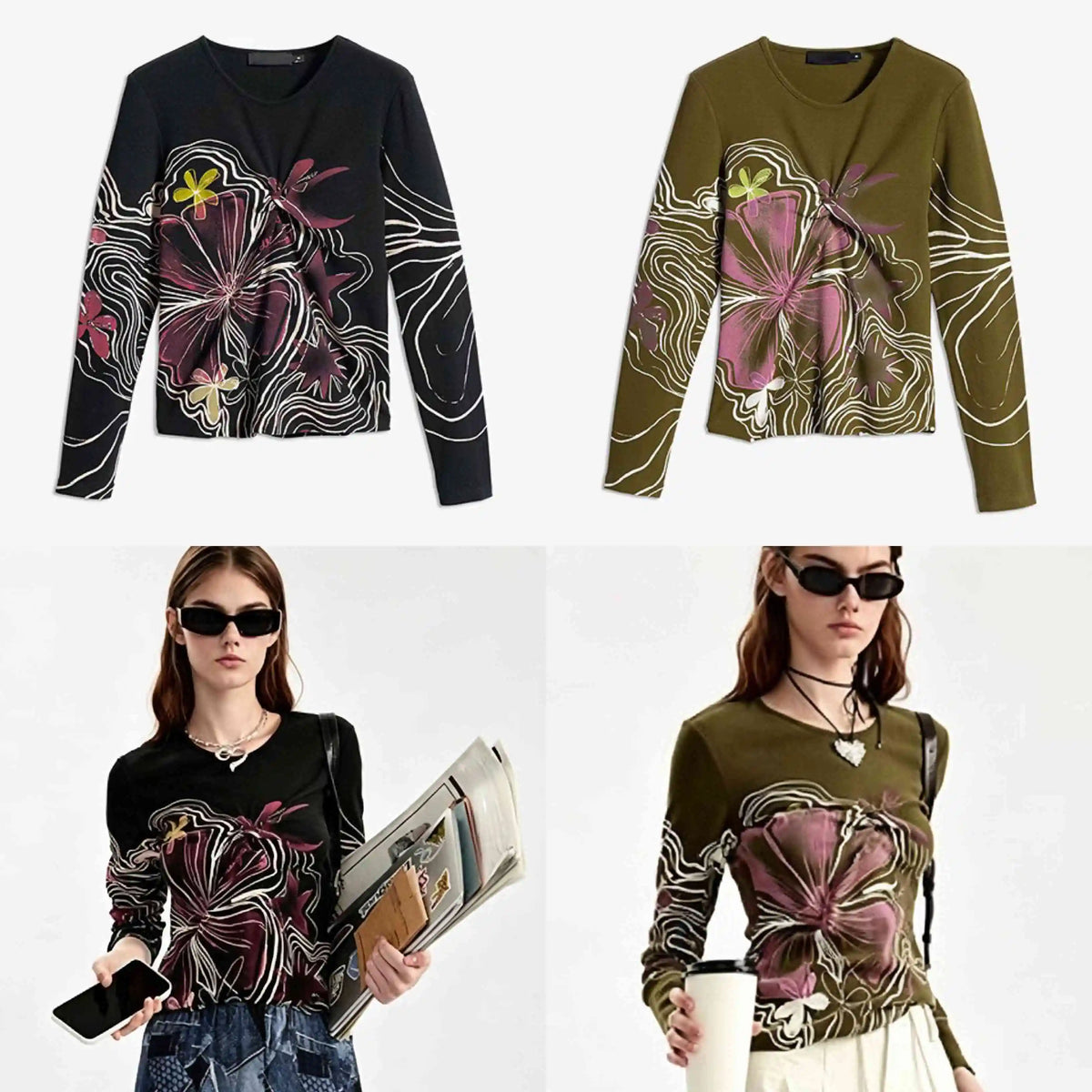 Spanish original single women's T-shirt elastic slim fit embroidered printed long sleeved new top