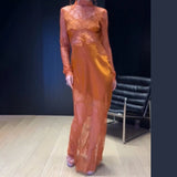 Fashion Women Maxi Dress Sexy Stand Collar Long Sleeve Hollow Out Lace Patchwork Satin Dresses New Wedding Guest Party Long Gown