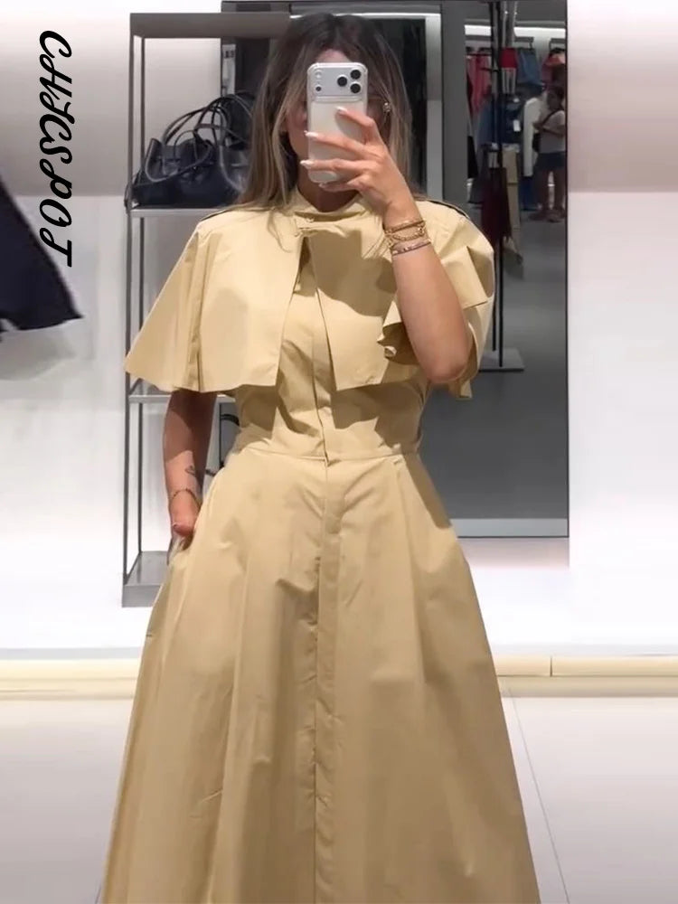 Lapel Cape Sleeve Lace Up Long Sleeve Women Elegant Epaulet Oversized Waist Cinching Pleated Shirt Dresses Chic Ladies Partywear