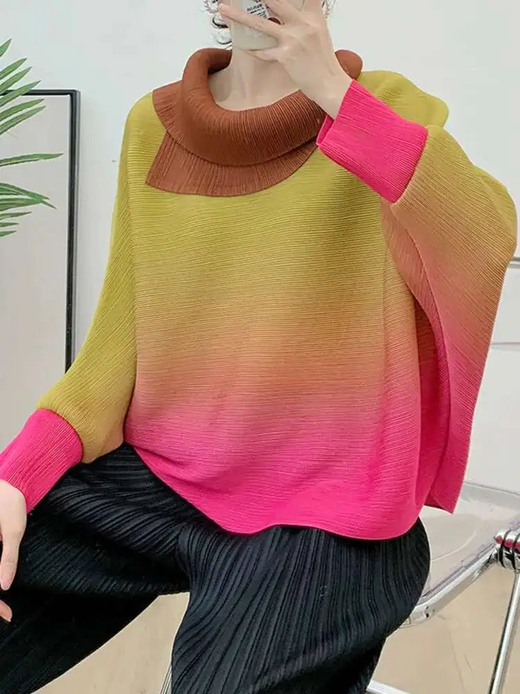 LANMREM Gradient Pleated T-shirt For Women Lapel Long Sleeves Batwing Loose Style Female Fashion Top 2023 Autumn New 2DA1981