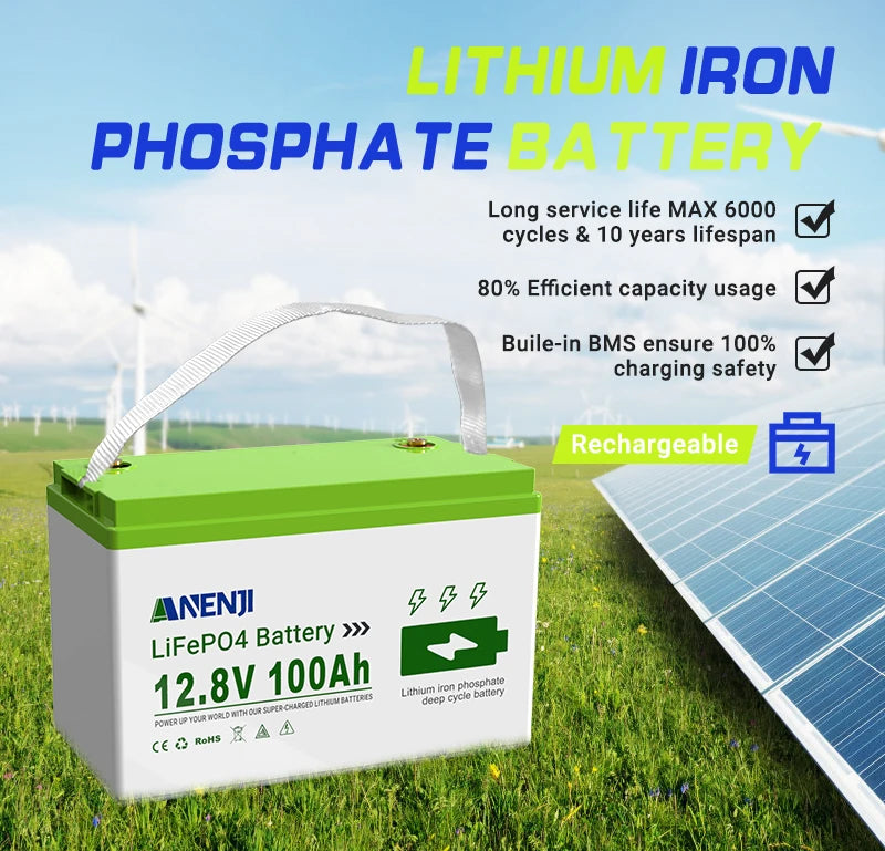 ANENJI LiFePO4 battery 12.8V 100AH 1.28KWh Power Battery Backup Solar Storage 12V-100AH lithium Battery for Home built-in BT BMS