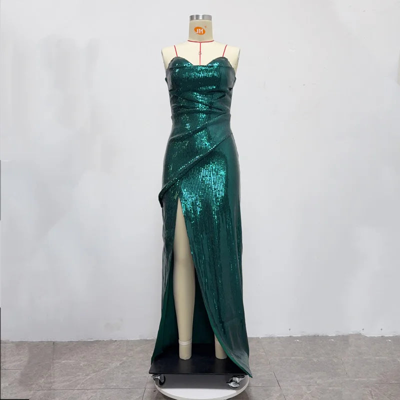 Sequined Strapless Evening Gown in Rose Color with a Thigh Slit, Women's Sexy Sequin Open Back Lace Up Dress Long Style