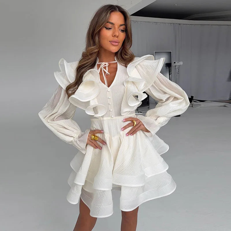 Ruffle Women Dress V Neck Waist Tie Dress Puff Sleeve Mini Dresses Layered Ruffle Hem Waist Cinching Figure Flattering