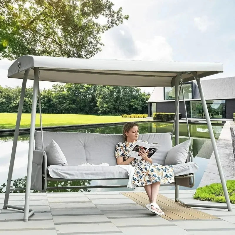 3 to 4 Seat Outdoor Swing Bed with Adjustable Canopy, 800 lbs Capacity, Includes Stand, Cushions, and Pillows