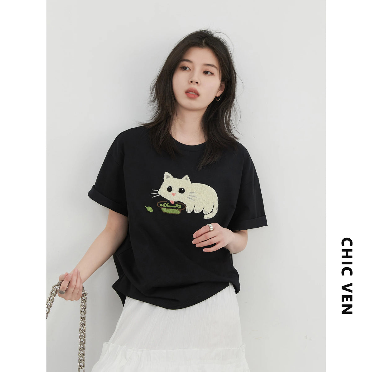 CHIC VEN Korean Women T-Shirts O Neck Loose Casual Cat Animal Embroidery Short Sleeved Tees Female Top Spring Summer 2025