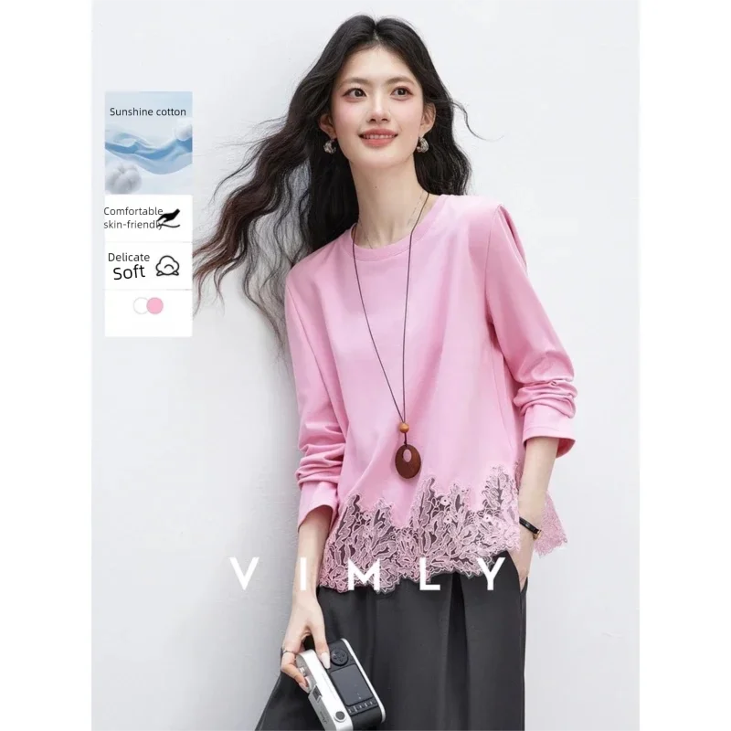 VIMLY Women‘s Casual T Shirts 2026 Spring New Fashion Round Neck Contrast Lace Trim Versatile Loose Fit Long Sleeve Top A3980