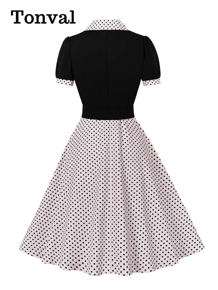 Tonval Black and Polka Dot Vintage Pleated Dresses Notched Collar 2025 Elegant Summer Women Short Sleeve Belted 50s Retro Dress